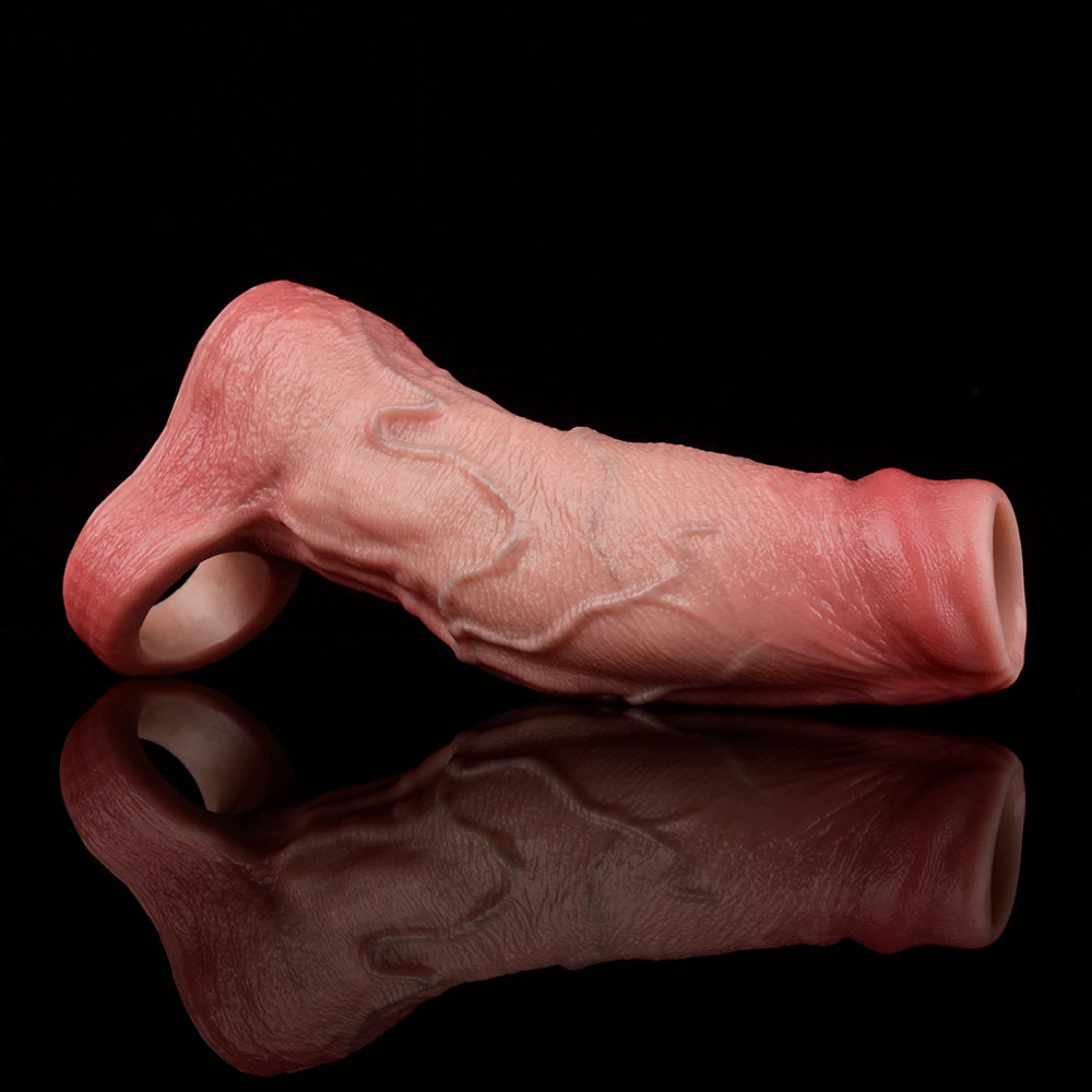Realistic pink cock sleeve, curled profile with visible hollow end