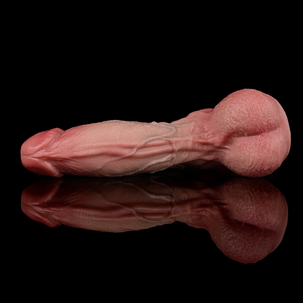 Side view of realistic cock dildo with detailed texture and light pink sheen