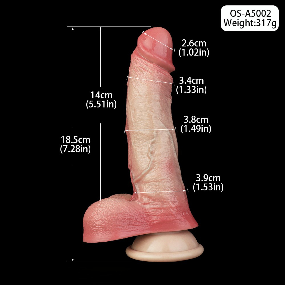 Size diagram for pink penis dildo: 14cm length, 2.6cm width, suction base shown.