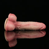 Realistic pink penis dildo with suction base; front view showing bulb and base.