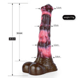 Unicorn dildo with pink marbled shaft and wide base; 5.1cm tip shown