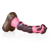 Unicorn dildo lying down, pink marbled shaft and dark brown textured base