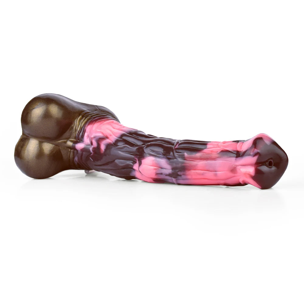 Unicorn dildo side view, pink marbled shaft with dark brown flared base