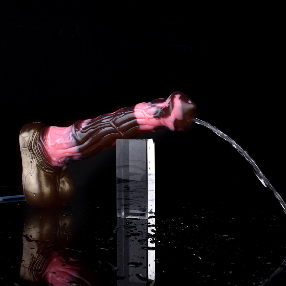 Unicorn dildo over splash, pink marbled shaft with dark base and nozzle