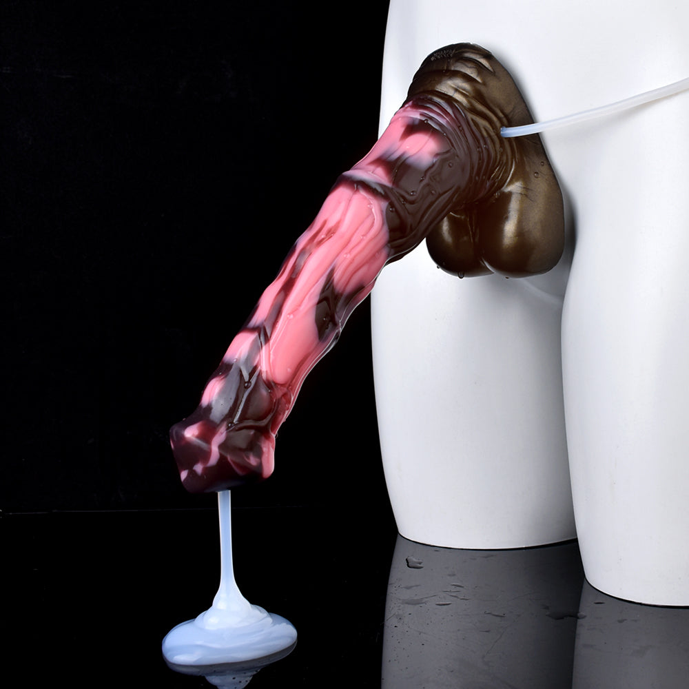 Unicorn dildo pouring side view, pink marbled shaft with dark base