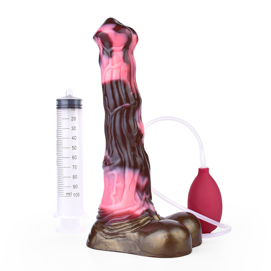 Unicorn-shaped sex toy dildo with measurement syringe, clear tube, and red bulb