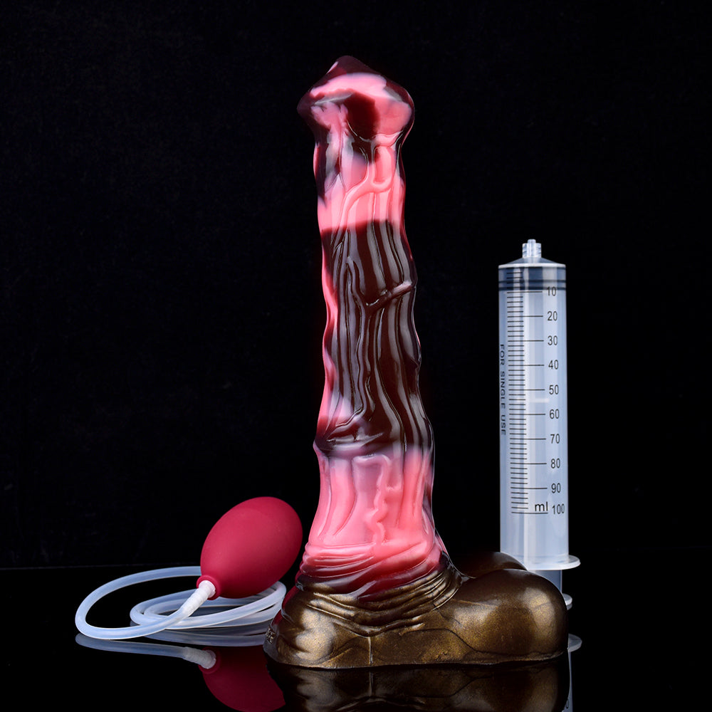 Unicorn dildo upright with pink marbled shaft and suction base