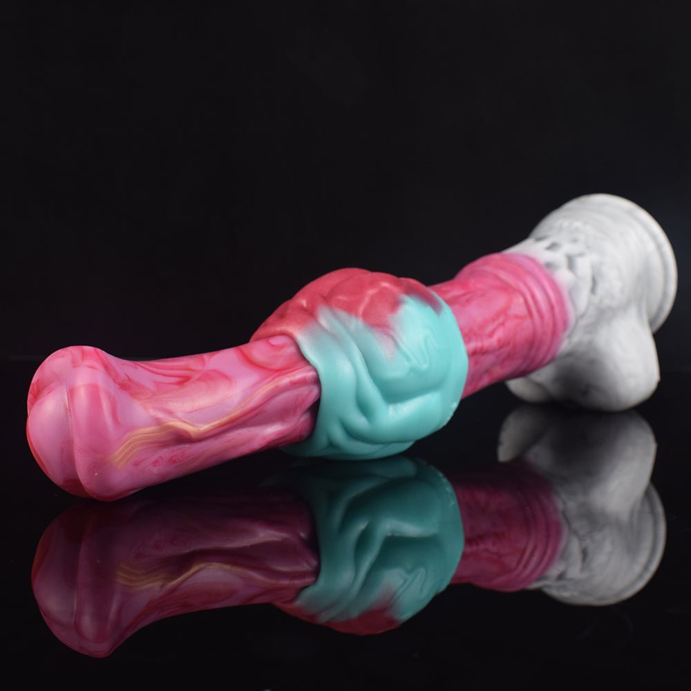 Fantasy-Drachen-Penis-Sleeve Extender, helle rosa Innenseite und türkis-blaue Außenseite