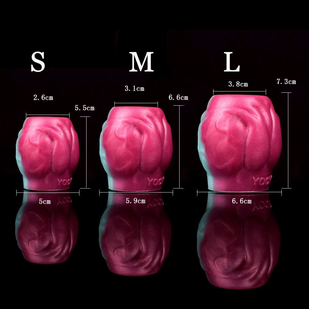 Größenübersicht: Sleeve Extender S, M, L (rosa/blau) mit Maßen in cm