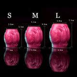 Größenübersicht: Sleeve Extender S, M, L (rosa/blau) mit Maßen in cm