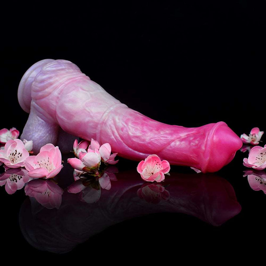Realistic fantasy horse dildo, translucent pink with textured mane and tail