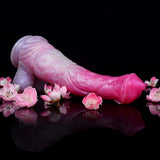 Realistic fantasy horse dildo, pink and fuchsia gradient, curved body