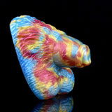 Close-up of multicolor tie-dye Sex Grinder Toy, detailed ridges and curved end