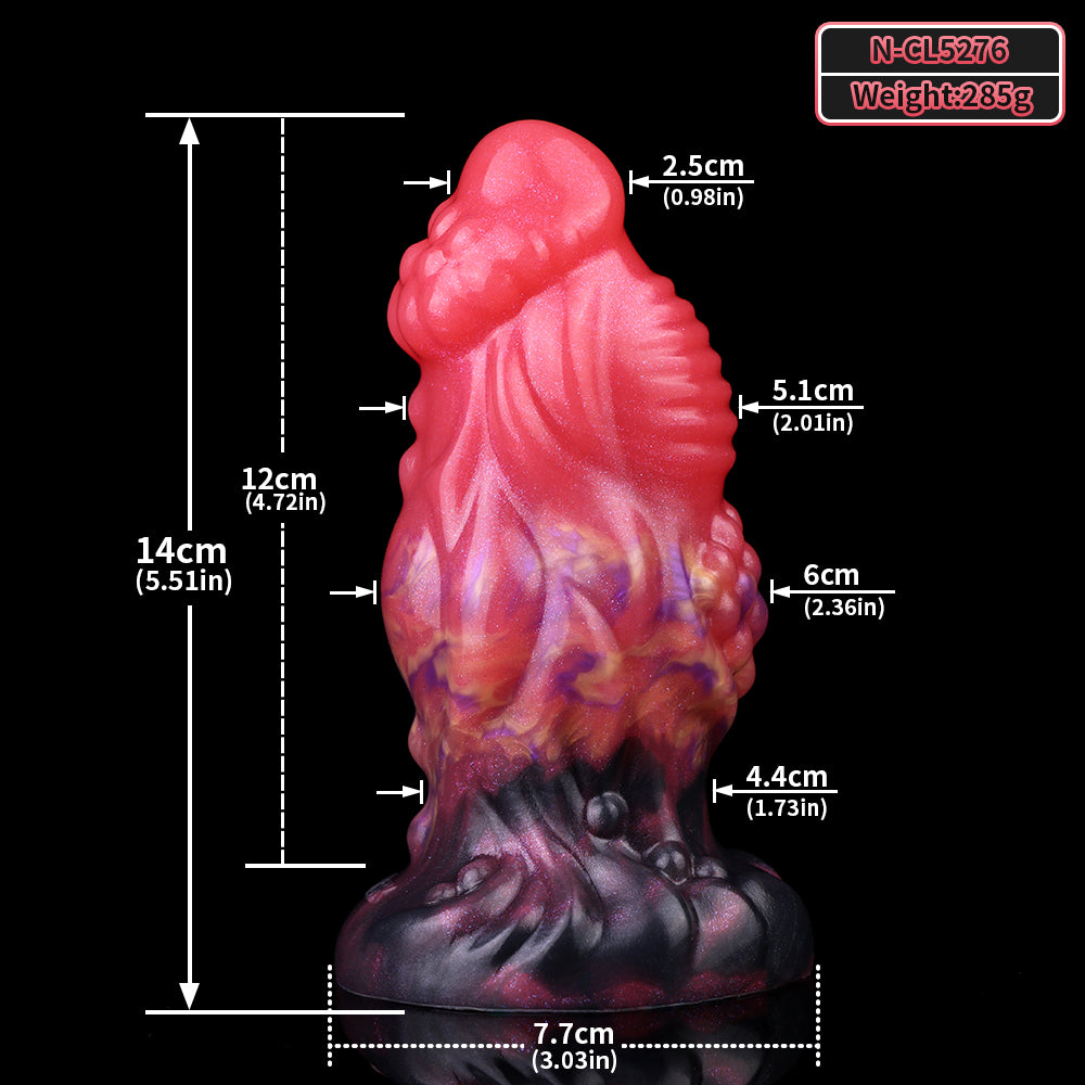 Anal plug size graphic: 14cm height, 7.7cm base width; 285g weight