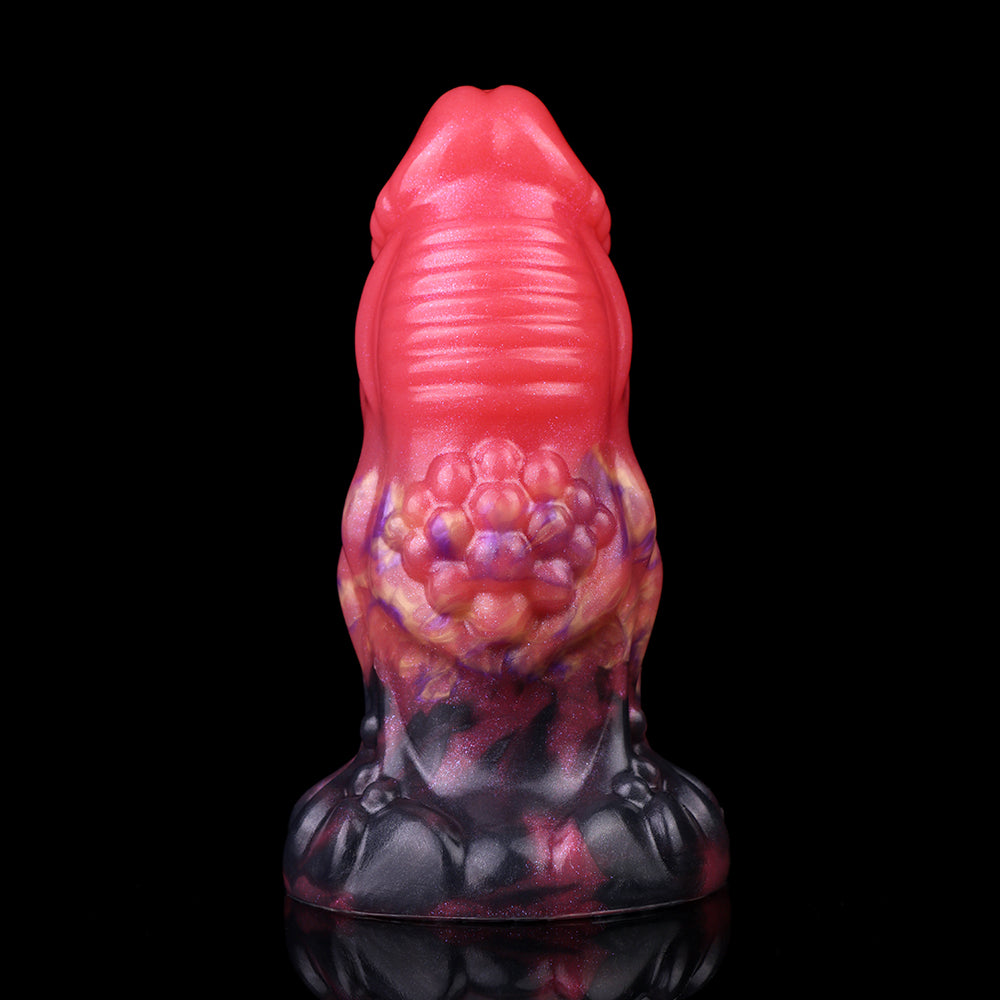 Alien-Analplug, roter Fantasy-Formkörper mit blau-lila Blasenmuster und breiter Basis