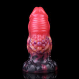 Alien-Analplug, roter Fantasy-Formkörper mit blau-lila Blasenmuster und breiter Basis