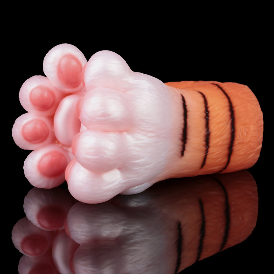 Tiger paw pocket pussy masturbator, close-up of pink bulb insert and orange striped sleeve