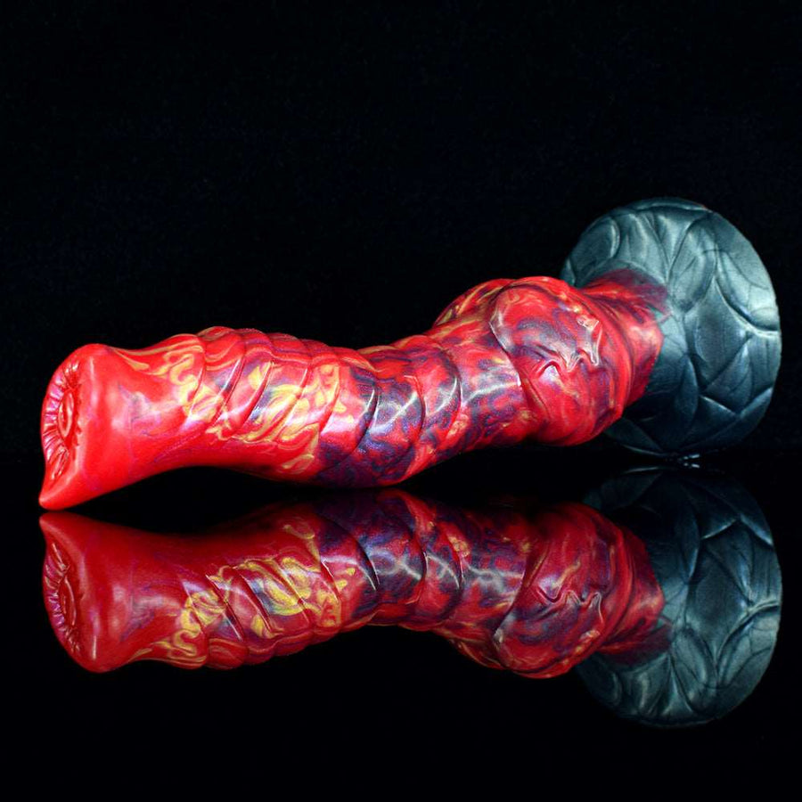 Curved ribbed dildo with red marbled finish and dark textured base