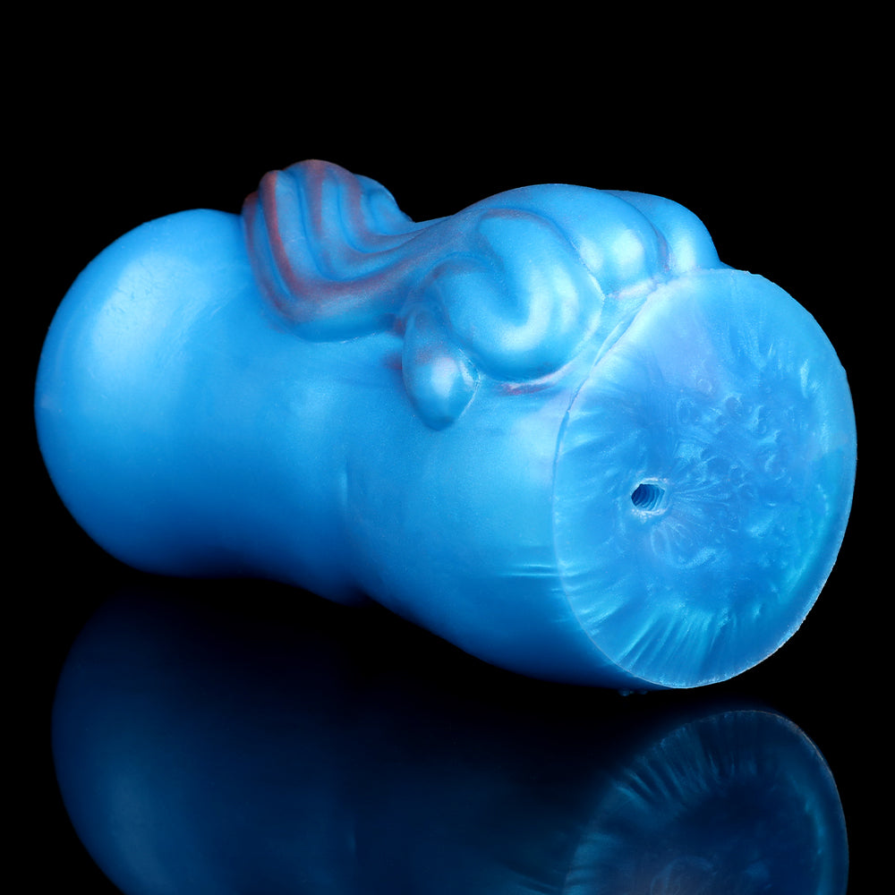 Side view of blue fantasy masturbator with molded curves and swirl texture