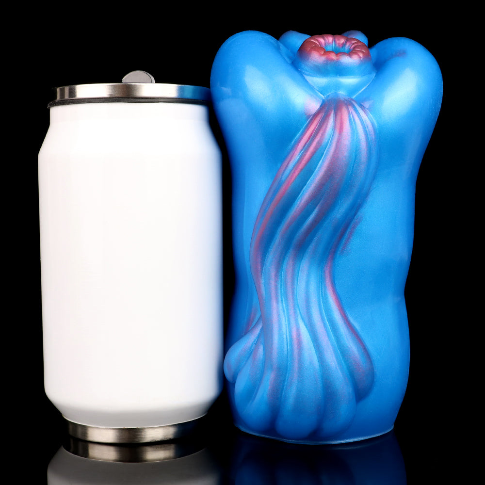 Blue fantasy masturbator with long body ridges and purple mouth detail