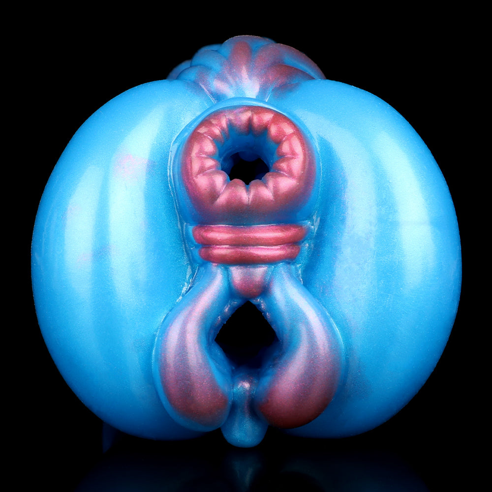 Front view of blue fantasy masturbator with purple ribbed opening