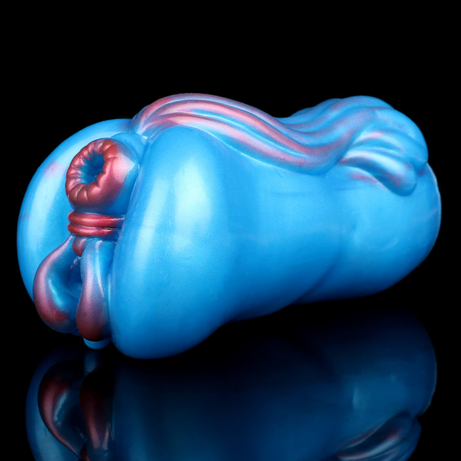 Blue fantasy male masturbator with pink nozzle detail and wavy ribbed exterior
