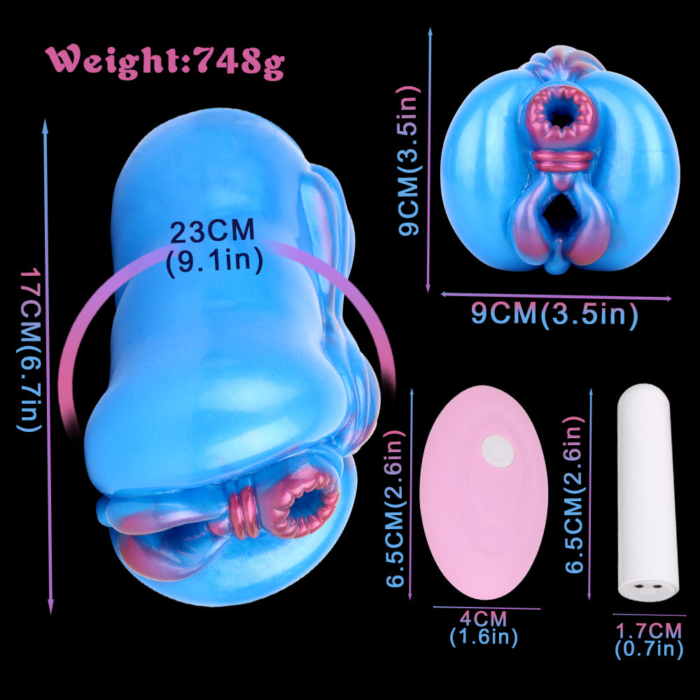 Blue fantasy masturbator with size labels; includes a white wand