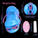 Blue fantasy masturbator with size labels; includes a white wand
