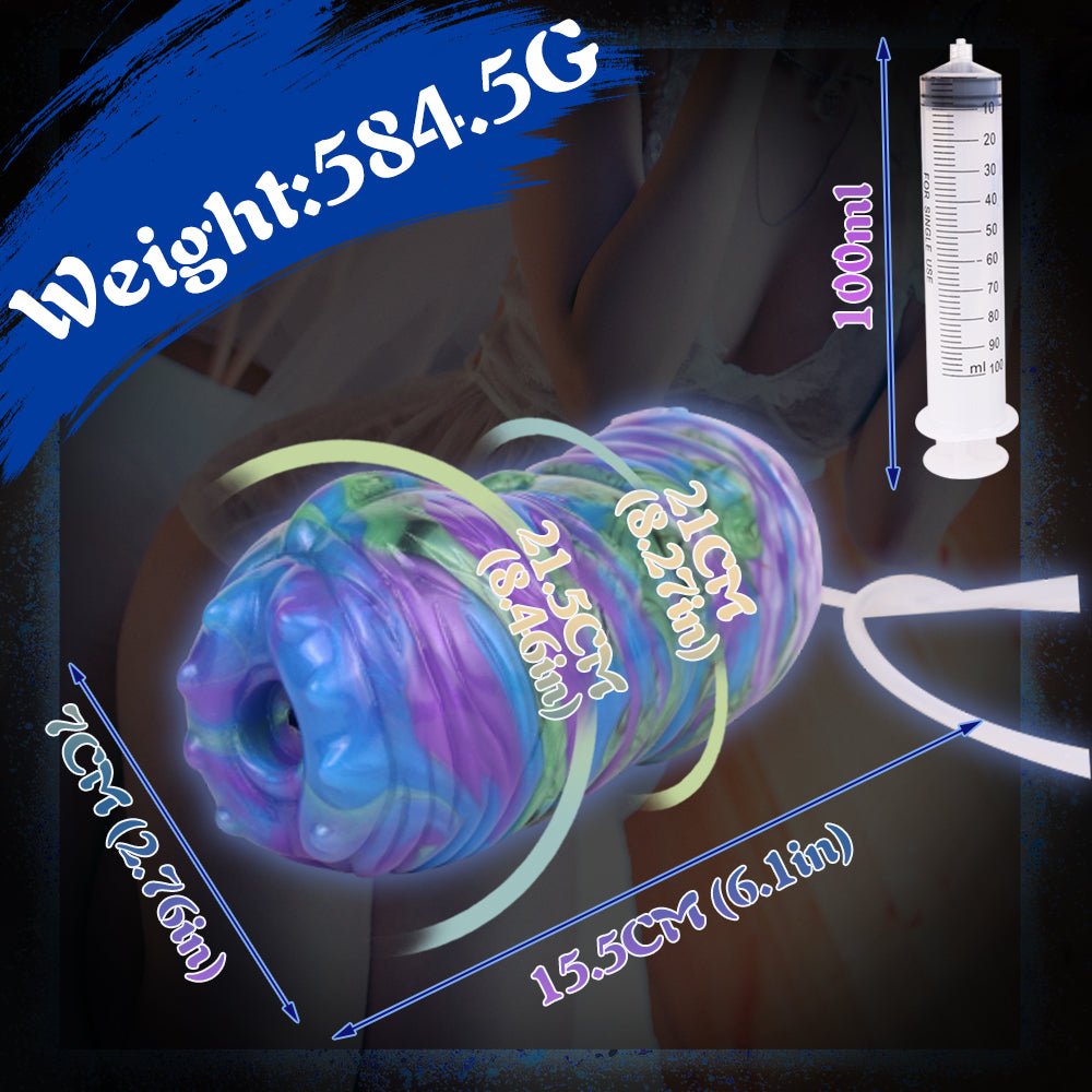 Fantasy Masturbator in blau-lila-grüner Optik mit Größenangaben am Modell