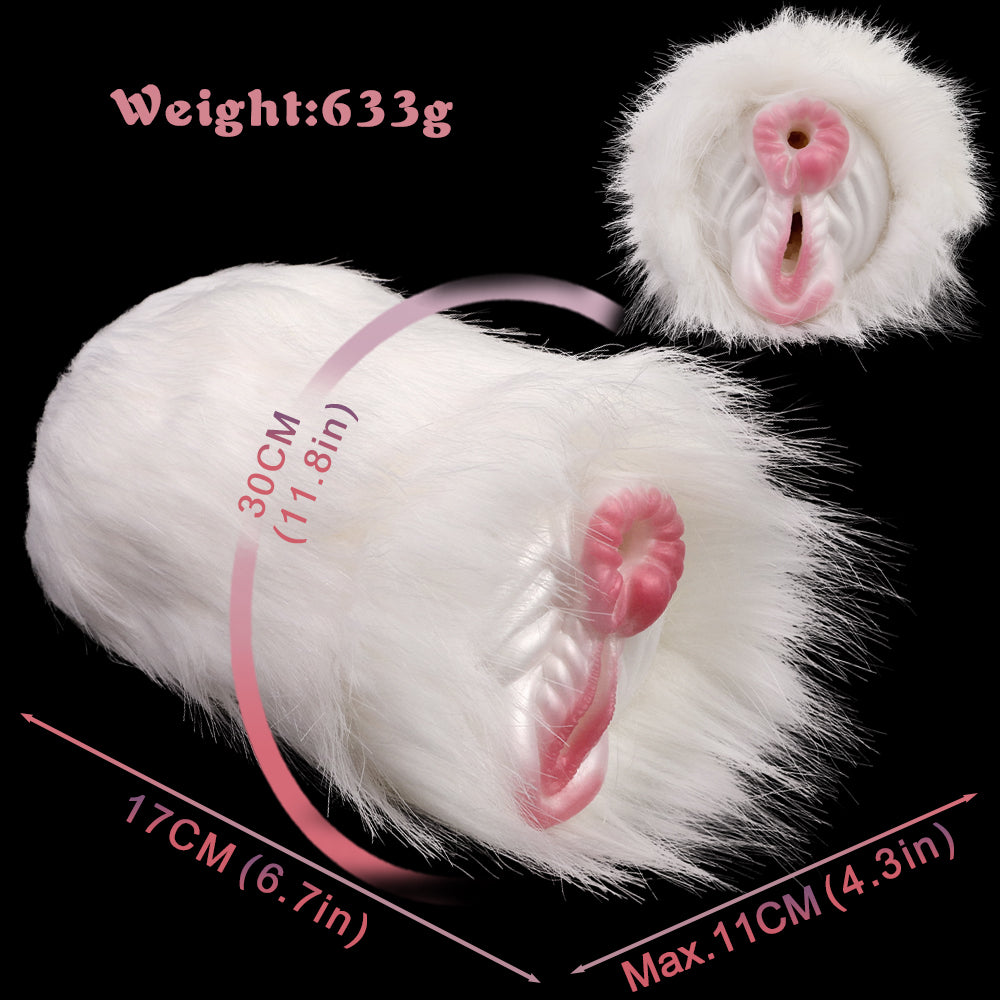 White furry dual-hole masturbator; 30cm length, 63g weight