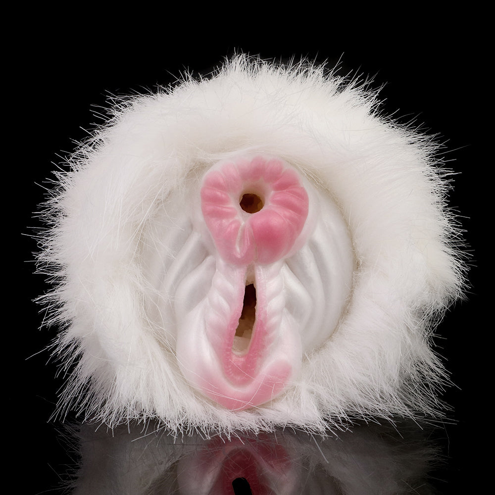 White furry dual-hole masturbator front view with pink dual openings