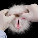 Gloved hands holding white faux-fur dual-hole fleshlight with pink openings