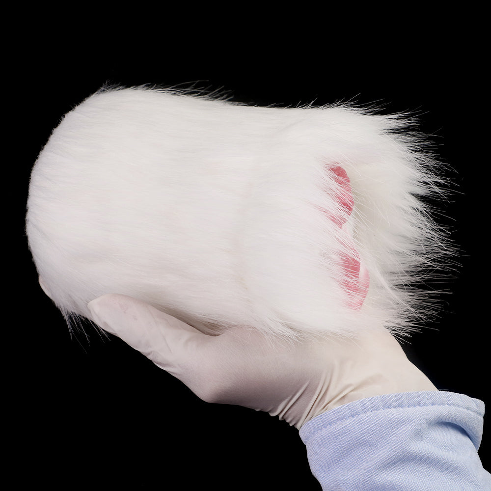 White furry cover of dual-hole fleshlight with pink opening panel