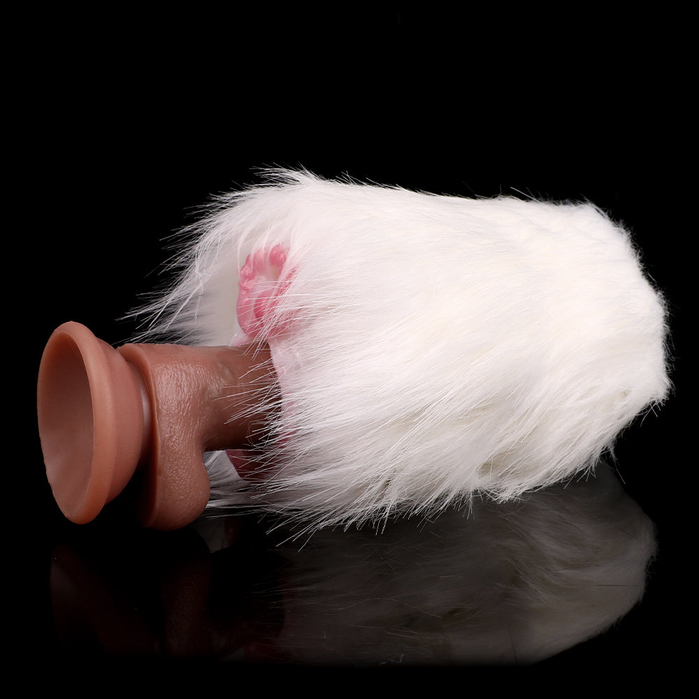 White faux-fur dual-hole masturbator with pink inner opening, side view
