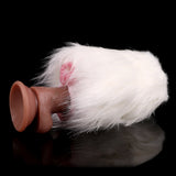 White faux-fur dual-hole masturbator with pink inner opening, side view