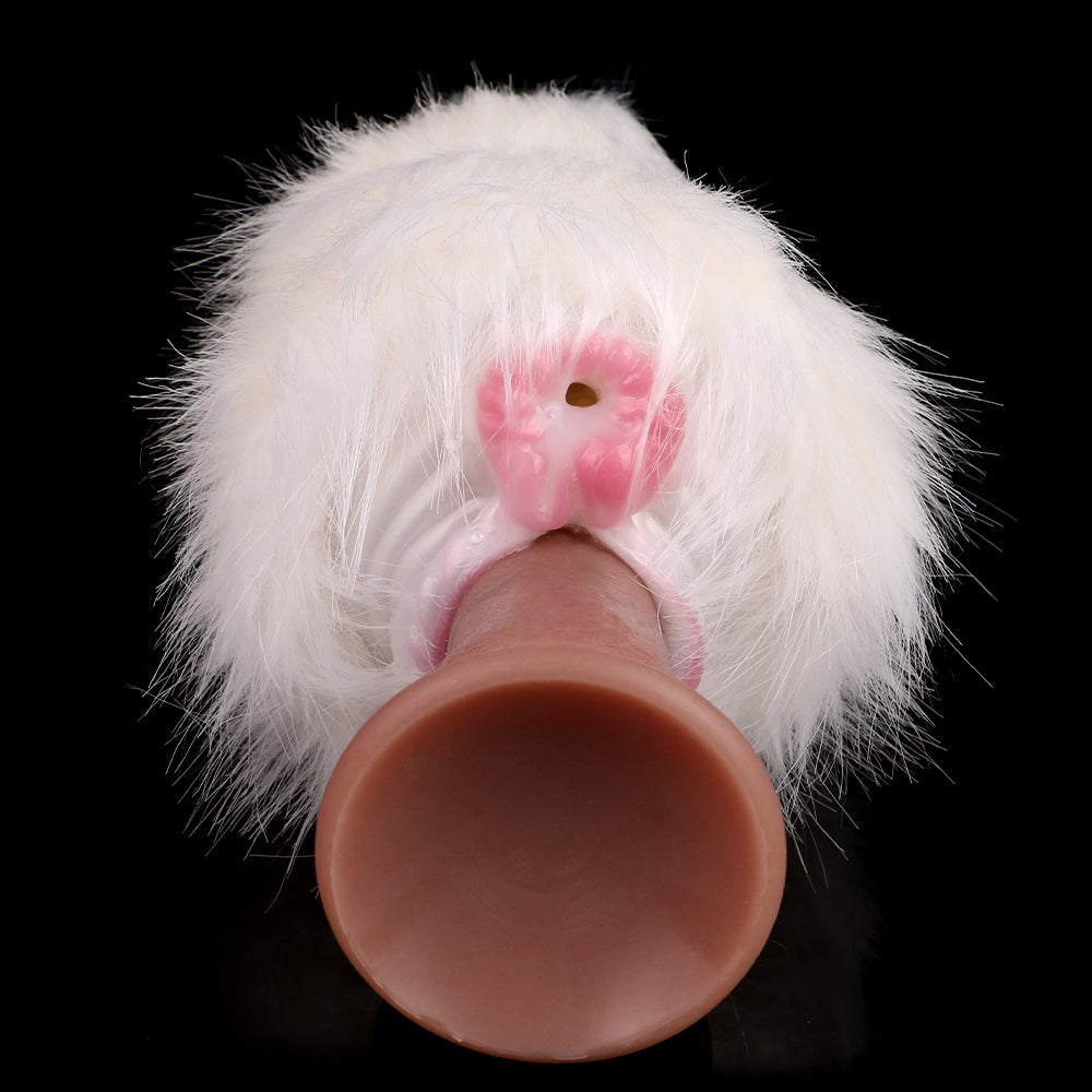 White furry dual-hole fleshlight front view with pink dual opening