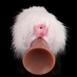 White furry dual-hole fleshlight front view with pink dual opening