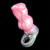Knot sheath & sleeve, pink body with silver-gray ring opening, curved pose