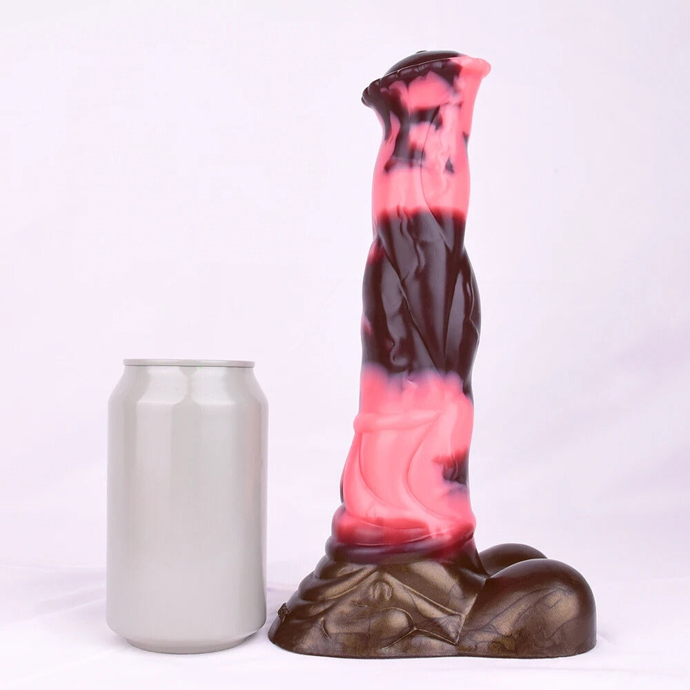 Arion thick stallion dildo standing, black and pink marbled body, textured base