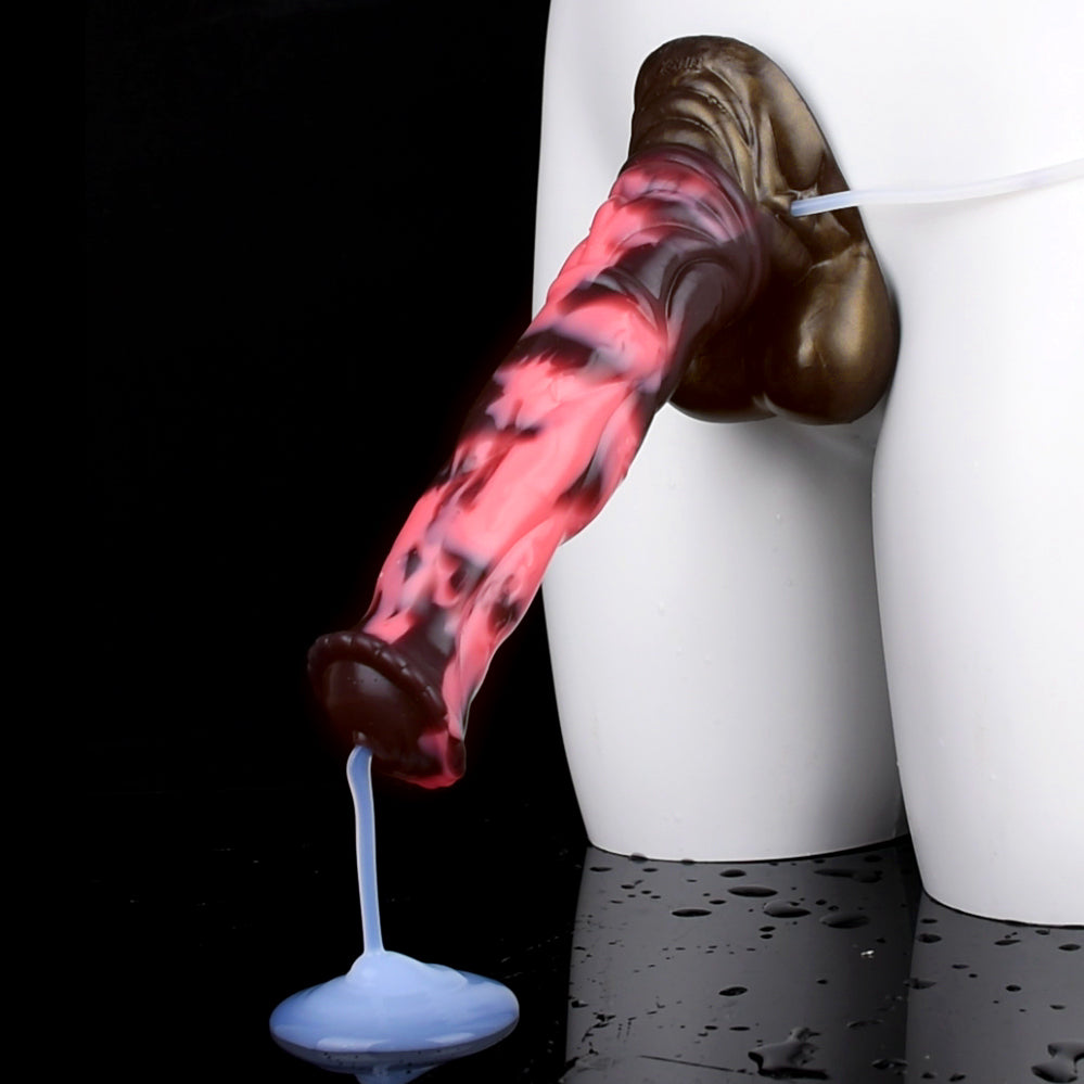 Arion dildo with attached clear tube, water-spray test, black and pink marbled body