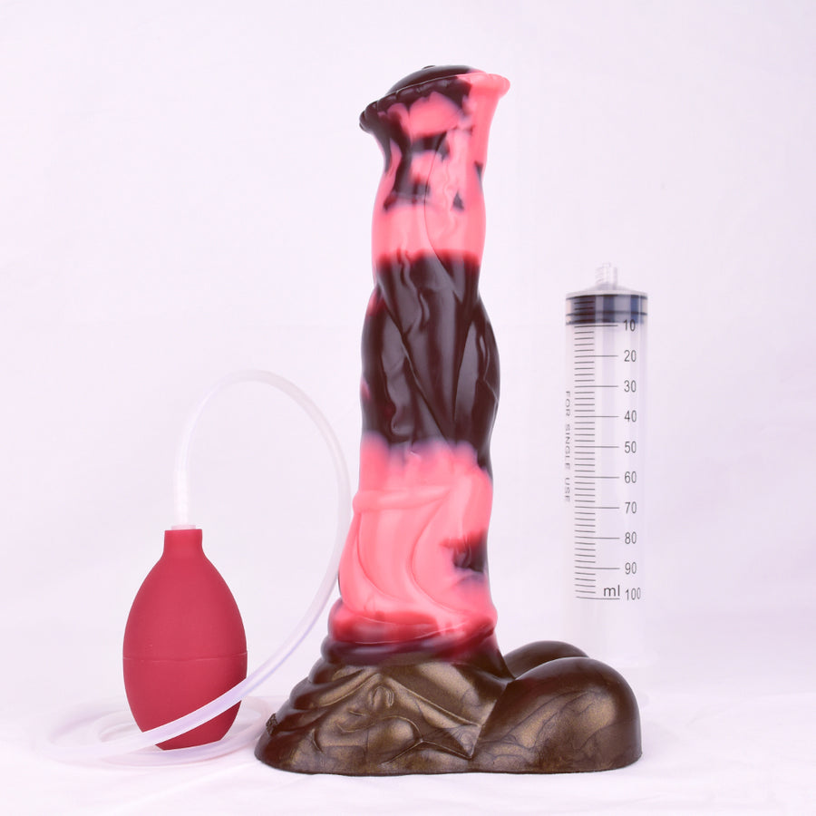 Arion stallion-themed adult dildo with pink-red insert, dark base, and pink suction bulb