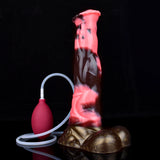 Pink horse-shaped ejaculating dildo with pump bulb and connecting tube