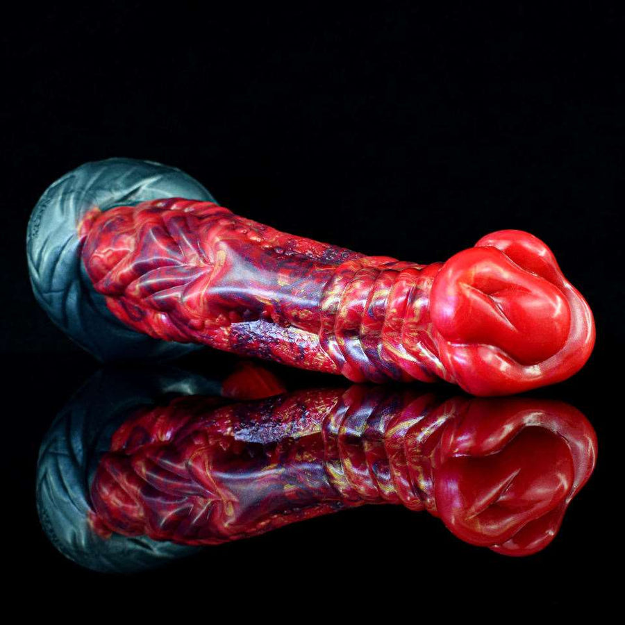 Red and blue fantasy adult dildo with curved shape and ribbed texture, bulb tip