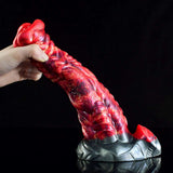 Red horse-head dildo, curved marbled body shown in hand-grip view