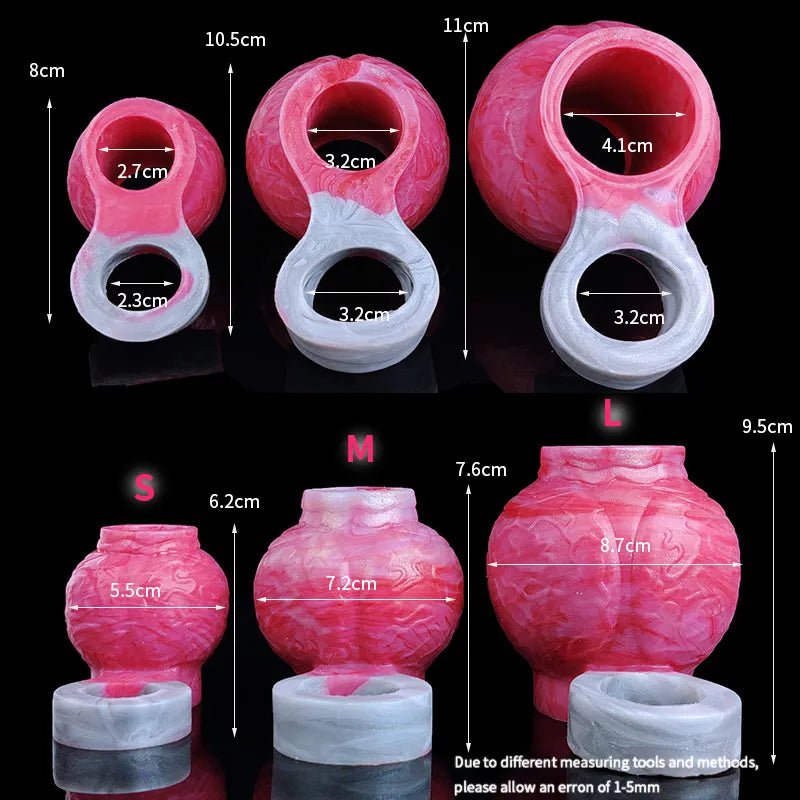 Pink cock ring size chart showing S/M/L with inner openings and outer dimensions.