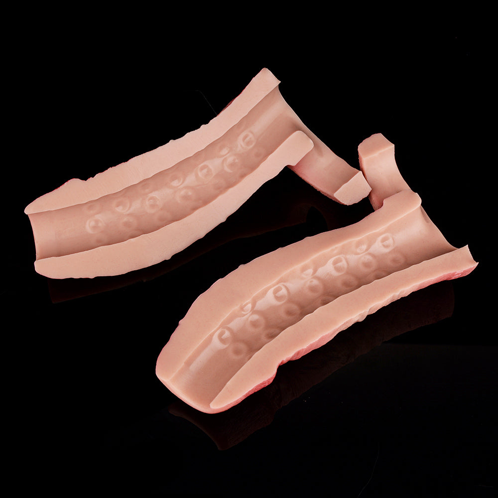 Asoka Extender Penis-Überzug, zwei Teile offen/gerollt, realistisches Relief, rosé