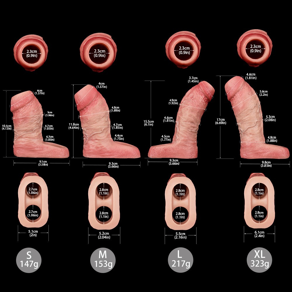 Asoka Extender Penis-Überzug, Größen S–XL mit Maßangaben