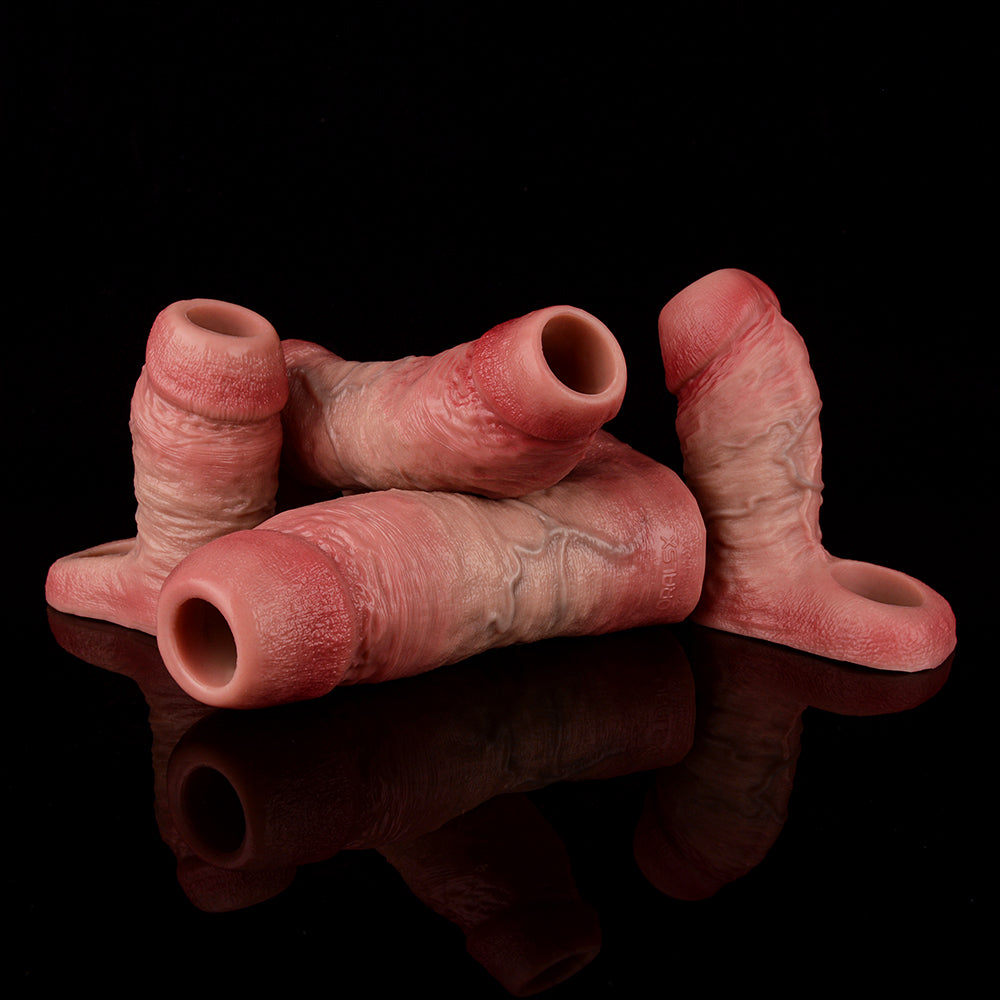 Asoka Extender Penis-Überzug, mehrere Öffnungen vorn, realistisches Relief, rosé