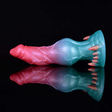 Alien wolf dildo, blue-pink, clawed base with large knot, side view