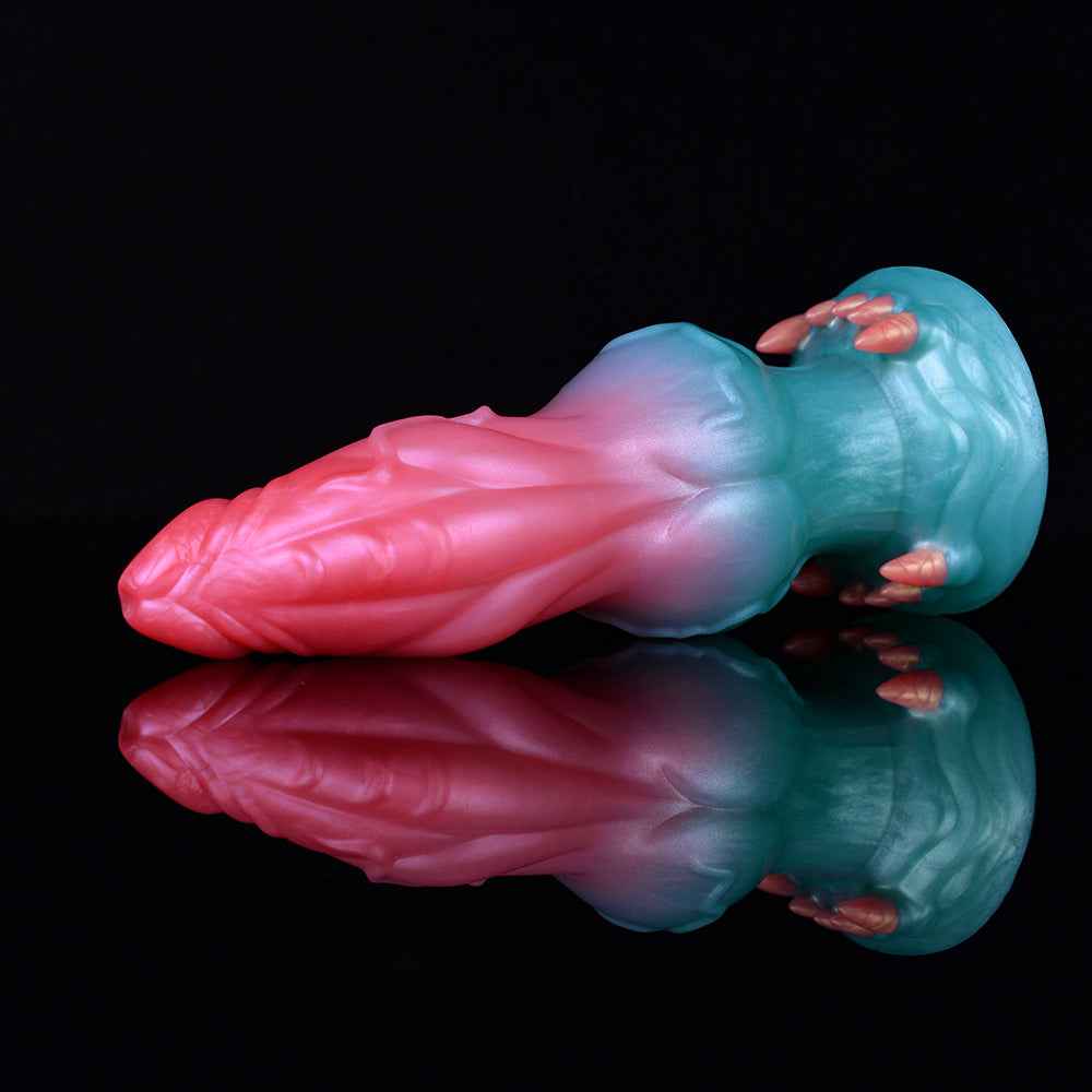 Alien wolf dildo, blue-pink, clawed rim and knot, front angle